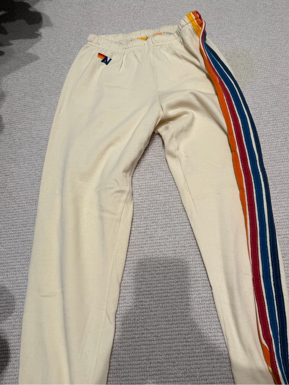 Aviator Nation Cream Sweatpants with Rainbow Side Stripes